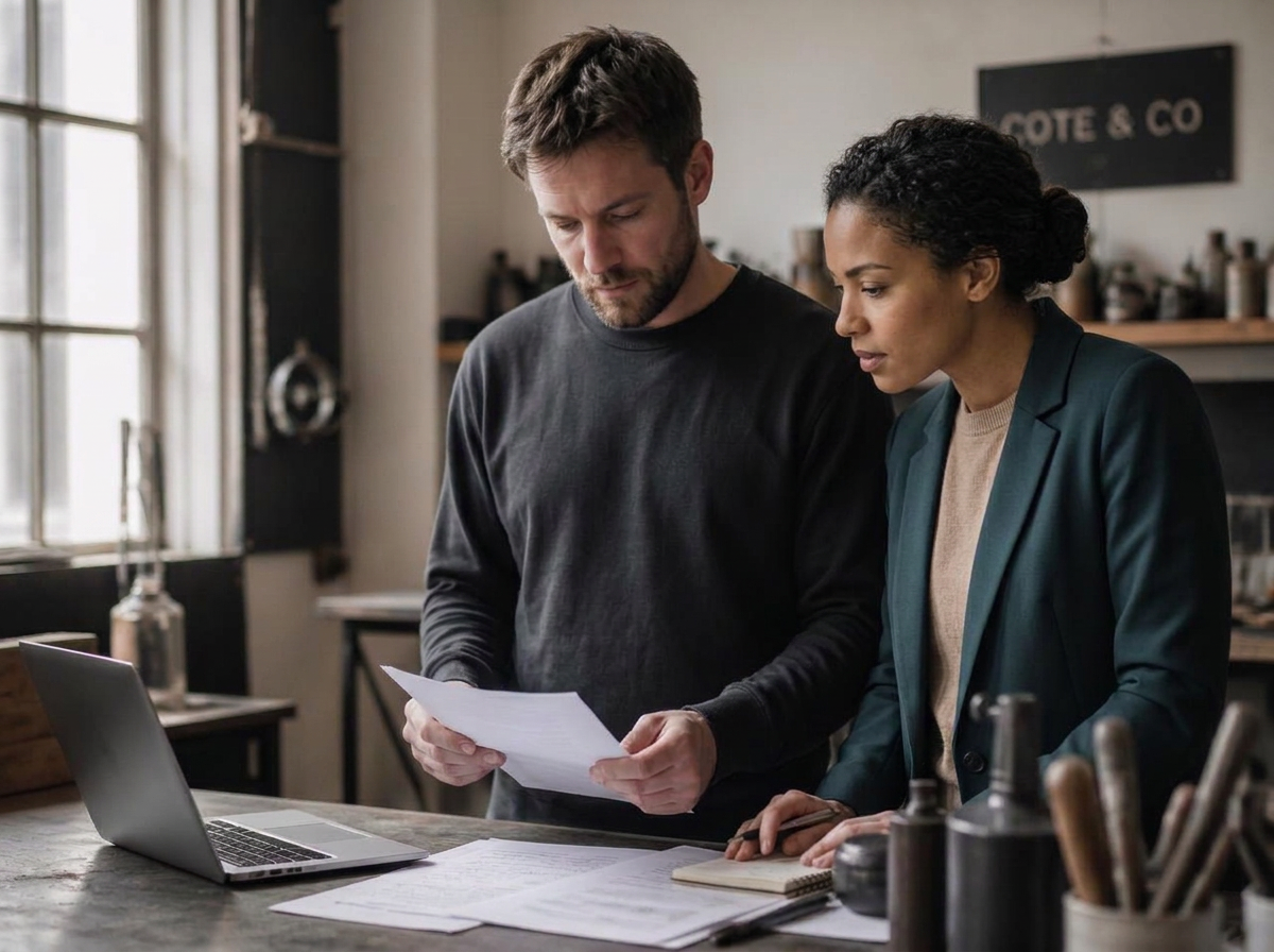A business owner reviewing plans in their own workshop