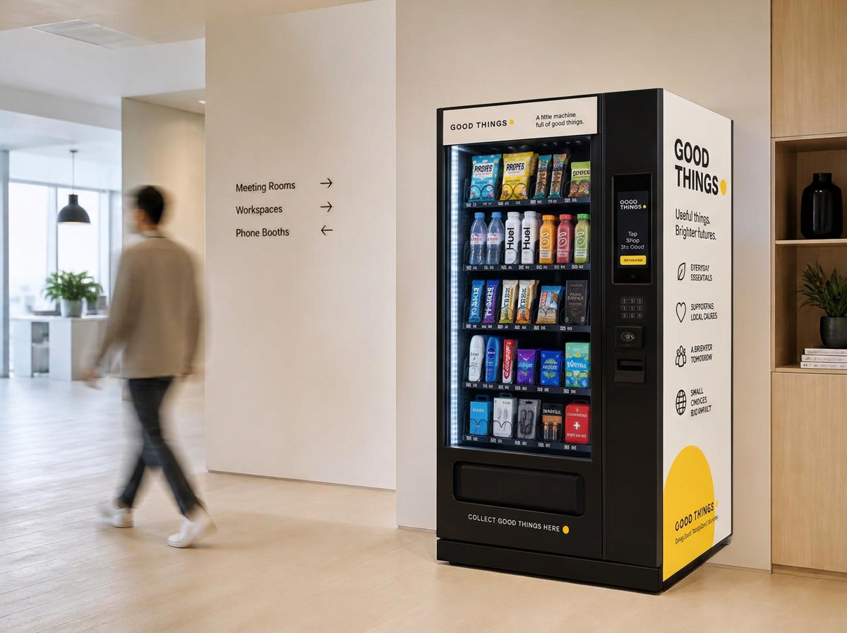 A Good Things vending machine in a modern workplace foyer